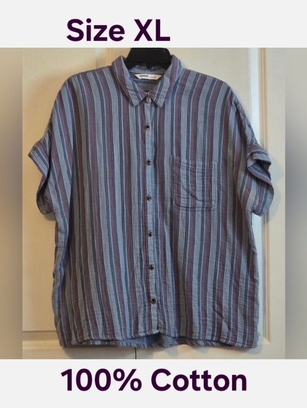 Sonoma Button Down Blouse Size XL Blue & Burgundy Stripes Goods For Life